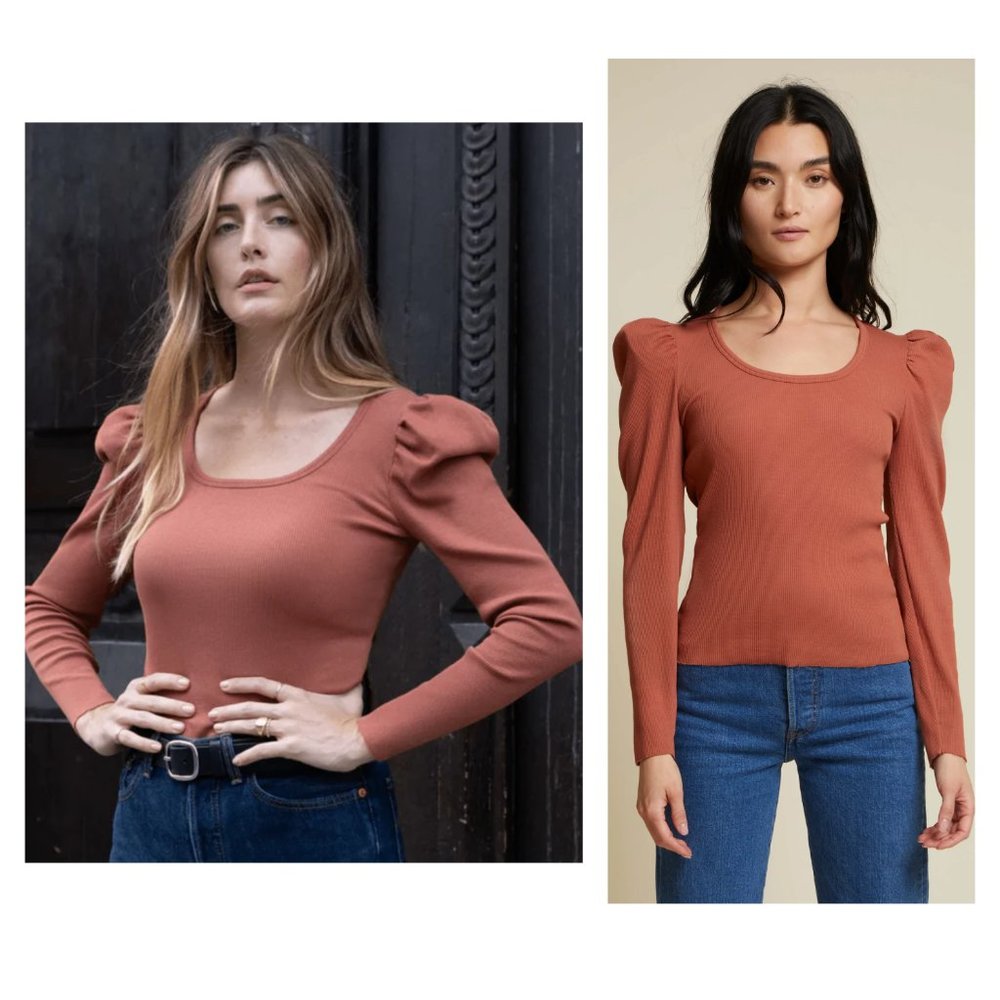 Nation LTD Ribbed Puff-Sleeve Top in Rust